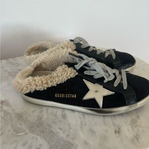 Golden Goose Shearling Black Glitter Sabot Mules
